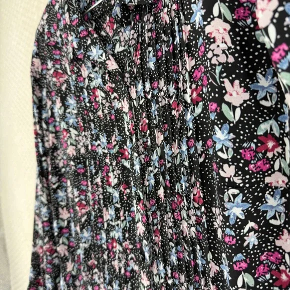Nanette Lepore Shirt Dress Women 12 Black Floral Polka Dot Pleated Long Sleeve - Picture 8 of 9